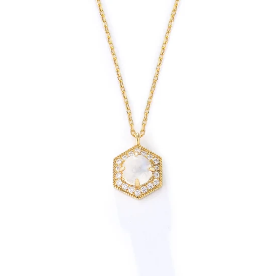 Semplice Ins Fashion placcato oro 14K buona fortuna esagonale pietra di luna naturale collana in argento 925 gioielli per donna